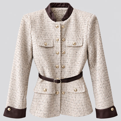 Veste tweed 51241 – veste femme cintrée avec ceinture à la taille, boutons dorés, poches plaquées et finitions contrastées, allure tailleur chic pour le quotidien