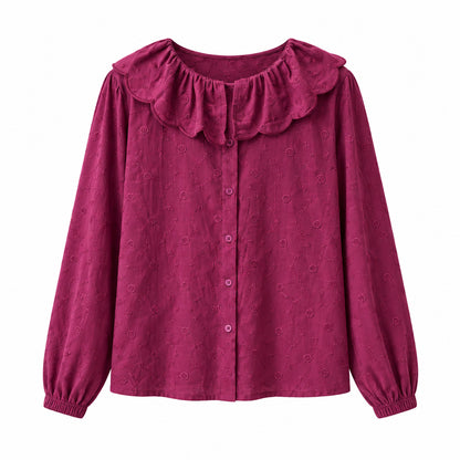 Chemisier romantique MH2678 – blouse femme à grand col Claudine festonné, tissu brodé ton sur ton et manches longues bouffantes, style chic vintage à associer à un jean ou un pantalon uni pour un look romantique et élégant
