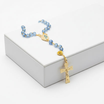 chapelet doré en acier inoxydable avec perles swarovski bleues de haute qualité, médaille miraculeuse de lourdes contenant de l&