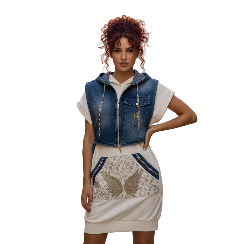 ROBE de chez TATU 9217 bi matière avec capuche jeans style urbain chic, alliant une coupe ajustée flatteuse et des finitions travaillées. Une pièce moderne et tendance qui sublime la silhouette