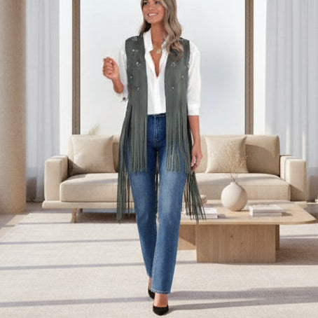 POPUP VESTE LONGUE SANS MANCHES FRANGES