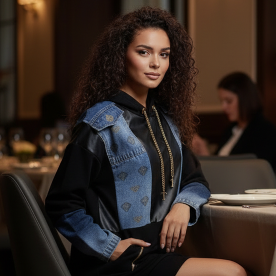 9172 TATU  Robe sweat capuche jeans et similicuir look décontracté et stylé pour journées confortables