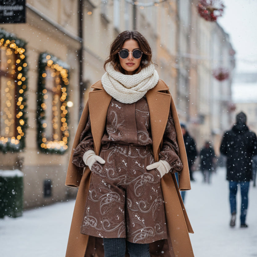 Bermuda bohème W57551 – short long femme marron chocolat effet daim, coupe ample taille haute et broderies paisley contrastées, style automne hiver à porter avec bottes et collants