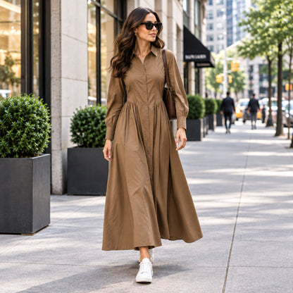 Robe chemise VA9013 – robe longue femme camel marron en matière extensible, col classique, boutonnage intégral, taille cintrée et jupe évasée plissée, style élégant pour la ville
