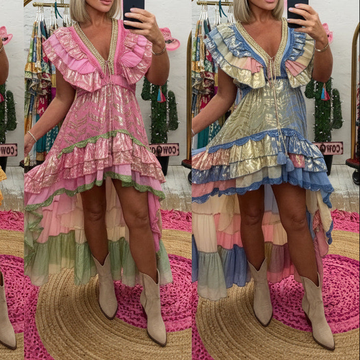 ROBE bohème chic à volants DU 36/42 PAP82  style high-low &amp; détails dorés brilliants – idéale vacances, beach club &amp; soirées été ✨ promenade estivale de luxe.Precommande février