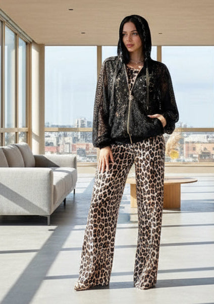 POPUP 9087 TATU PANTALON LÉOPARD BLOUSON DENTELLE NOIR