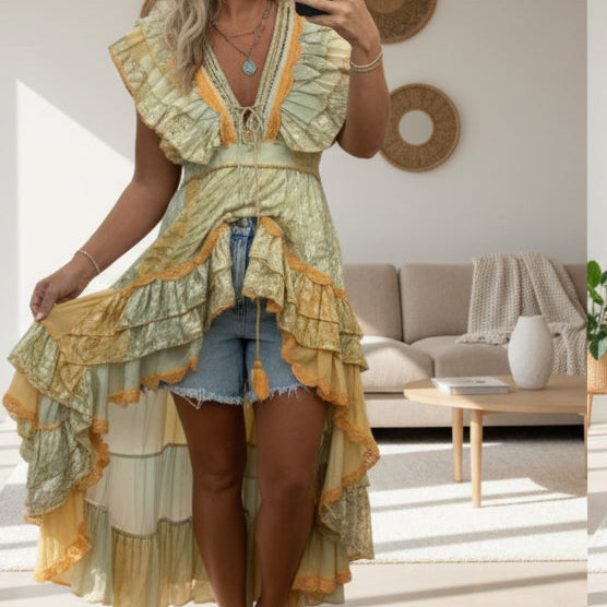 ROBE bohème chic à volants DU 36/42 PAP82  style high-low &amp; détails dorés brilliants – idéale vacances, beach club &amp; soirées été ✨ promenade estivale de luxe.Precommande février