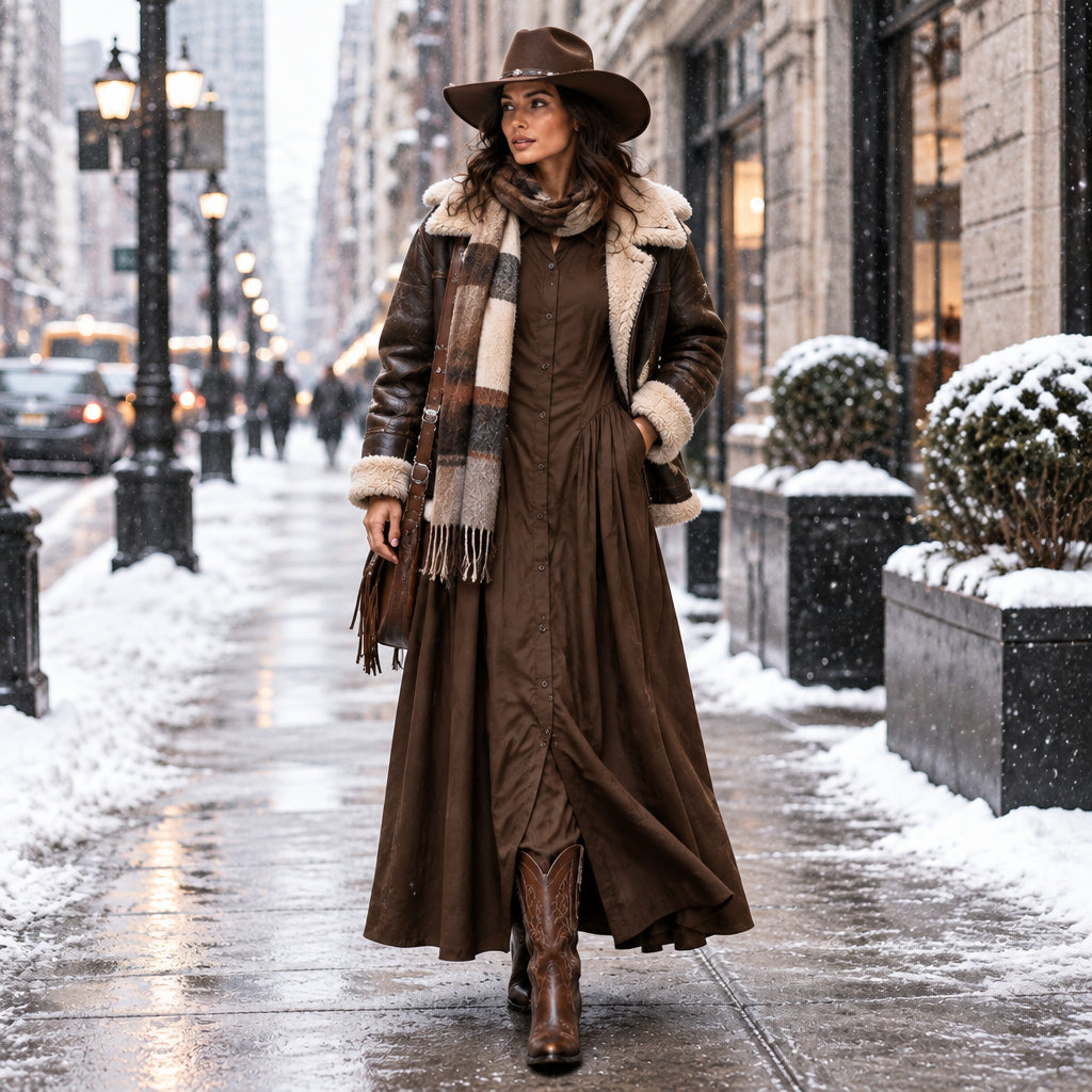 Robe chemise VA9013 – robe longue femme camel marron en matière extensible, col classique, boutonnage intégral, taille cintrée et jupe évasée plissée, style élégant pour la ville