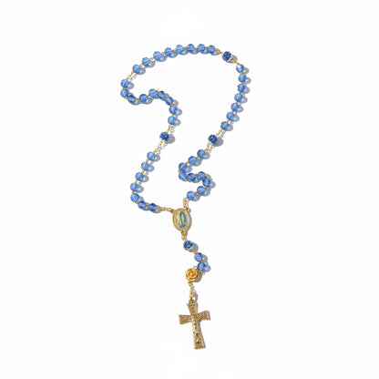 chapelet doré en acier inoxydable avec perles swarovski bleues de haute qualité, médaille miraculeuse de lourdes contenant de l&