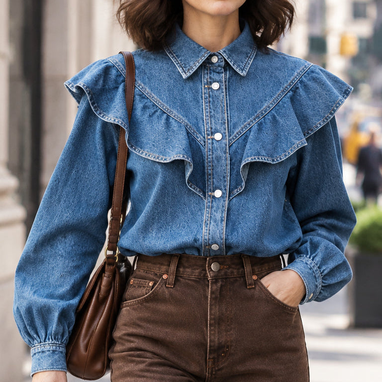 Chemise denim LR2980-C – chemise femme en jean bleu vintage avec grands volants sur le buste, col classique, boutons devant et manches longues bouffantes, style bohème chic romantique