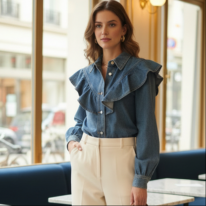 Chemise denim LR2980-C – chemise femme en jean bleu vintage avec grands volants sur le buste, col classique, boutons devant et manches longues bouffantes, style bohème chic romantique