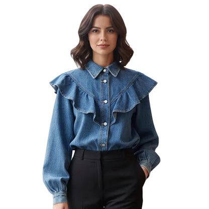 Chemise denim LR2980-C – chemise femme en jean bleu vintage avec grands volants sur le buste, col classique, boutons devant et manches longues bouffantes, style bohème chic romantique