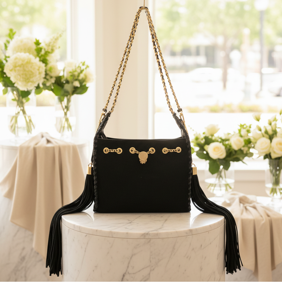 ALEX MAX Sac avec franges latérales chaîne dorée ,sac à main style bohème chaîne dorée chic pour femme – accessoire de mode élégant avec détails tressés artisanaux ,disponible en 3coloris idéal pour sorties et soirées,qualité premium