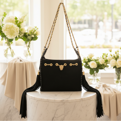ALEX MAX Sac avec franges latérales chaîne dorée ,sac à main style bohème chaîne dorée chic pour femme – accessoire de mode élégant avec détails tressés artisanaux ,disponible en 3coloris idéal pour sorties et soirées,qualité premium