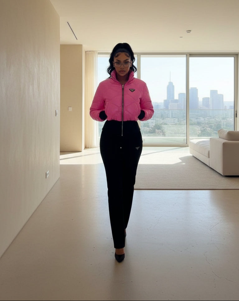 9130 TATU Ensemble combinaison doudoune la blanche légèrement crème a de jolie reflets nacrés 2 pieces luxe comportant des plaques avec le logo de la marque