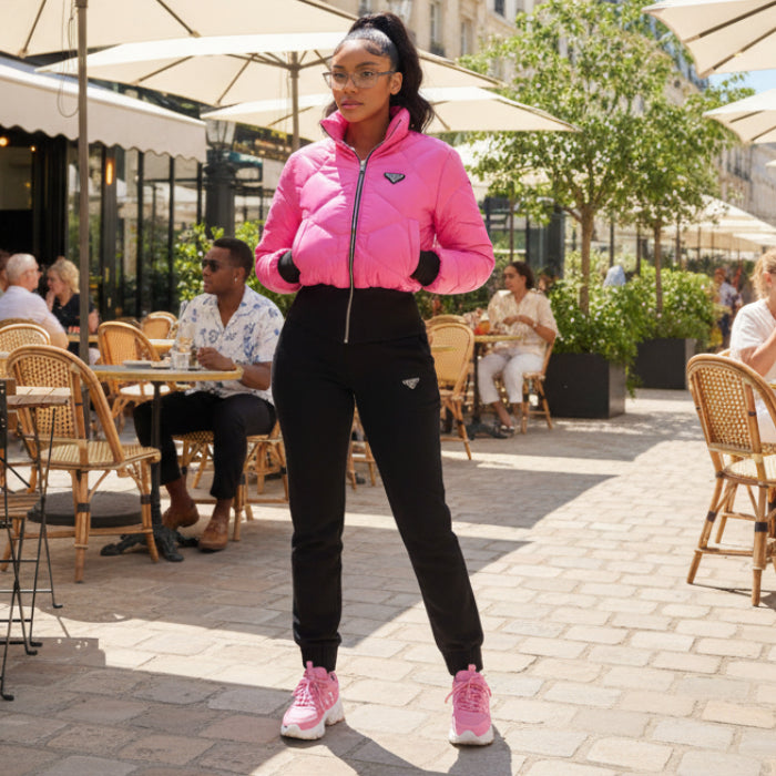 Ensemble raffiné TATU 9130 – combinaison femme et doudoune assortie, tenue deux pièces au style chic et moderne, coloris rose ou beige champagne selon la variante, pour vos tenues de saison en soirée.