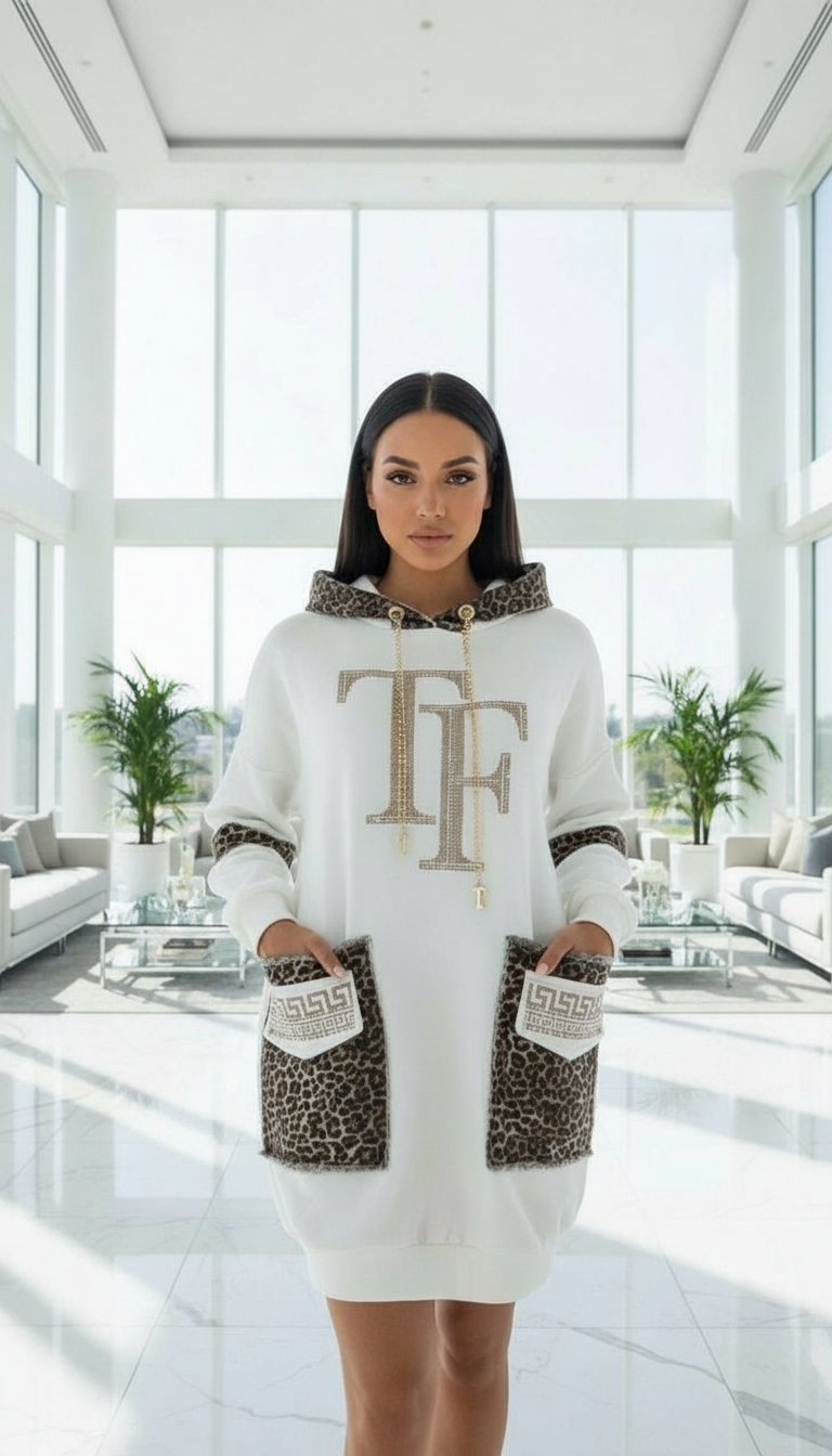 9194 TATU Robe sweat avec capuche poche et logo en léopard avec strass pour un style chic et confortable