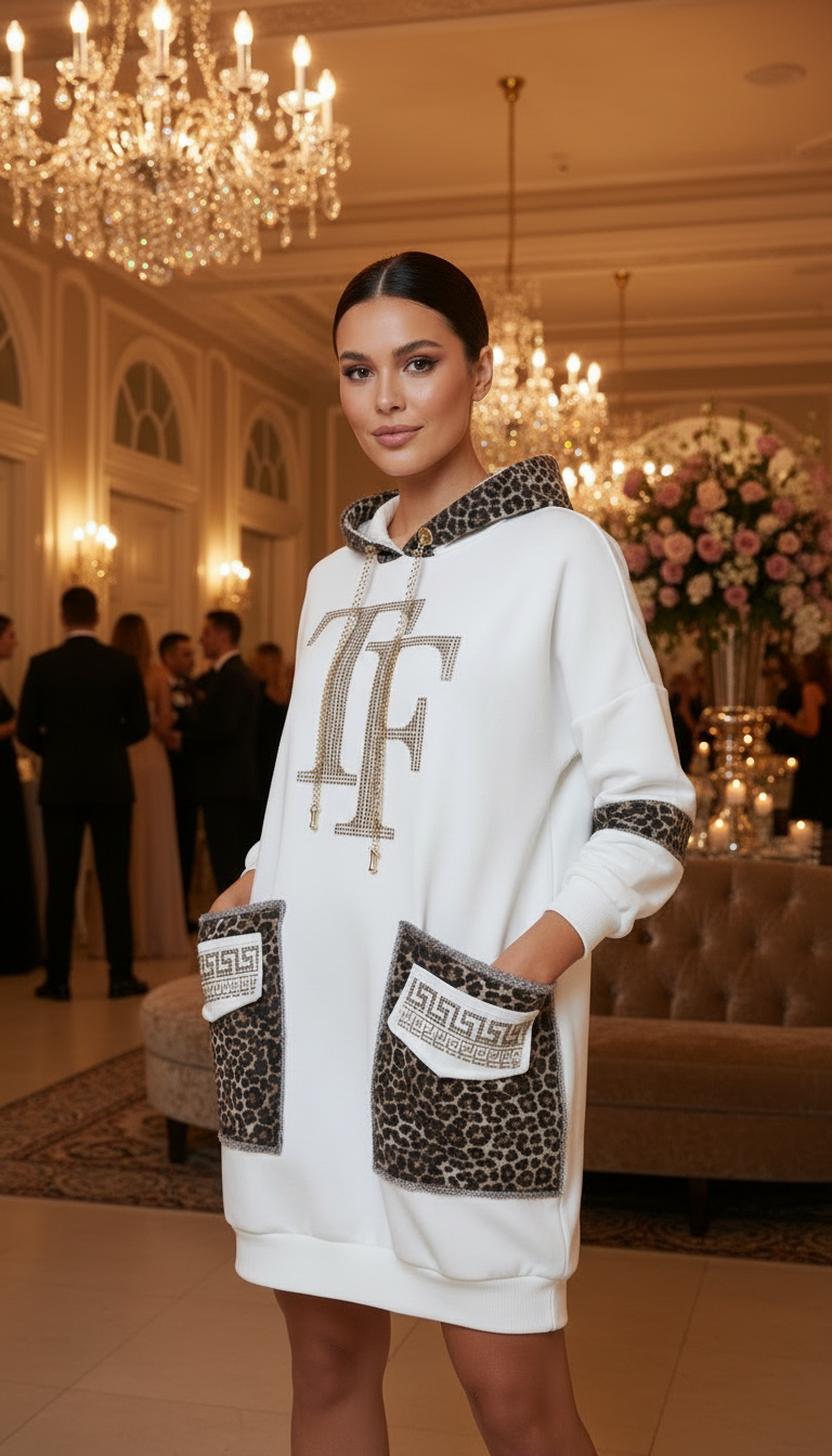 9194 TATU Robe sweat avec capuche poche et logo en léopard avec strass pour un style chic et confortable