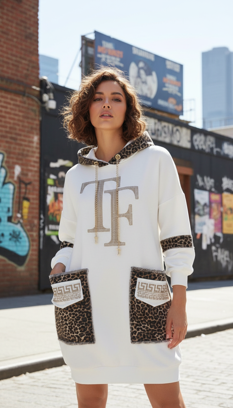 9194 TATU Robe sweat avec capuche poche et logo en léopard avec strass pour un style chic et confortable