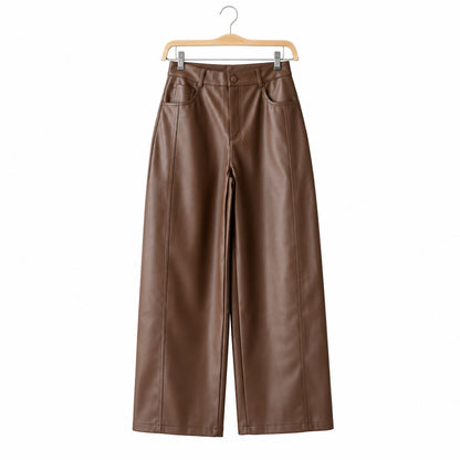 Pantalon chocolat MYX16426 – pantalon large femme en similicuir marron à taille haute, coupe droite ample, passants de ceinture et poches latérales, style chic à porter avec une blouse ou une veste courte pour une tenue de ville élégante