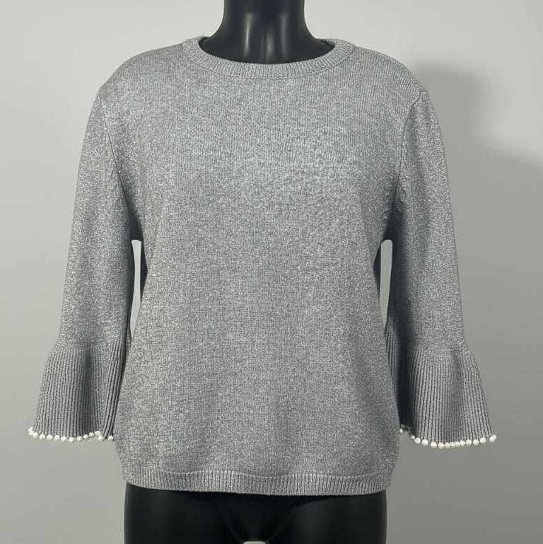 PULL 86036 léger col rond manches volants avec détails de perles pour un style élégant