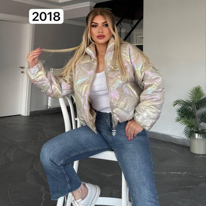 Doudoune irisée 2018 – Tatu Fashion veste courte matelassée femme rose brillant à reflets nacrés, col montant et fermeture zippée, style streetwear chic pour la saison froide