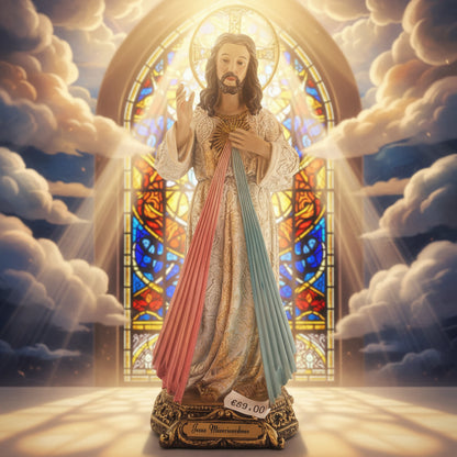 statue de jésus miséricordieux de 22 cm, représentation fidèle de jésus-christ avec rayons rouge et bleu, vêtements blancs texturés avec finitions dorées élégantes, main droite bénissante, socle décoratif