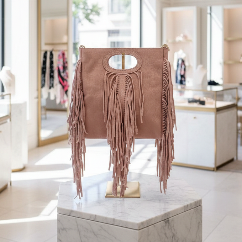 SAC EN CUIR 802 avec franges en cuir grainé véritable à franges bohème chic - porté main ou épaule - finition artisanale style vintage - accessoire tendance mode festival -