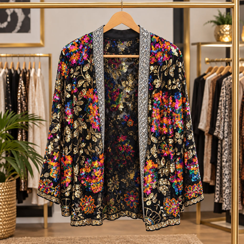 Kimono brodé 5696 – veste courte femme noire transparente à sequins et fleurs multicolores, bordures argentées, pièce lumineuse pour une tenue de soirée à superposer sur un haut uni pour un look habillé et original