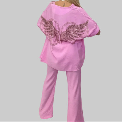 PAPARAZZI Ensemble trois pieces TU 36/40 rose bonbon 3069 : pantalon fluide évasé, caraco assorti et veste kimono oversize ornée d&