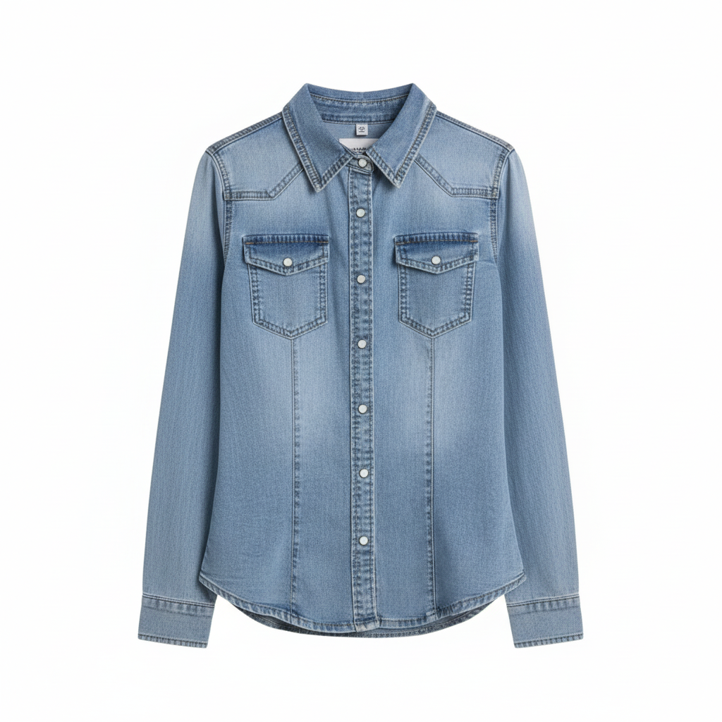 YF3317 chemise en jean femme délavage clair premium ✨ coupe cintrée style western chic et indémodable ,veste denim légère avec poches poitrine ,look casual tendance printemps 2026 ,indispensable garde-robe qualité – 🛍️