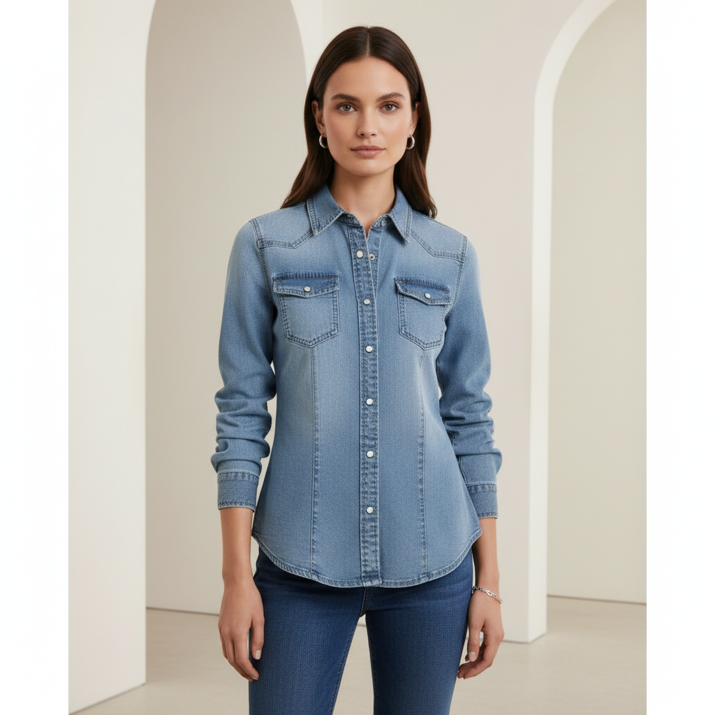 YF3317 chemise en jean femme délavage clair premium ✨ coupe cintrée style western chic et indémodable ,veste denim légère avec poches poitrine ,look casual tendance printemps 2026 ,indispensable garde-robe qualité – 🛍️