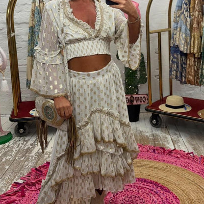 ENSEMBLE 2 pièces PAP70 BOHÈME : TU :  Croc top à froufrous, haut manches longues avec col incrusté de perles– imprimés dorés  ✨