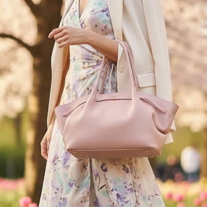 SAC A MAIN 808 EN CUIR ROSE ET CAMEL : Sac cabas iconique en cuir grainé souple - disponible en rose poudré délicat et camel naturel intemporel - porté épaule élégant avec détails métalliques et finition artisanale