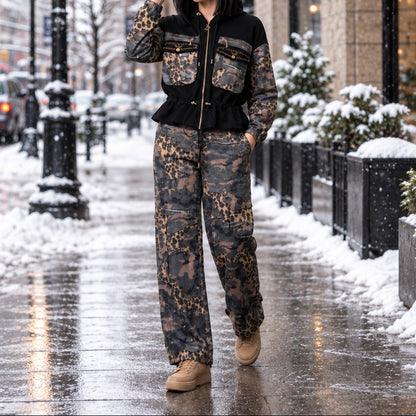 Ensemble cargo 2063 – Tatu Fashion survêtement femme léopard et camouflage avec veste à capuche zippée, cordon de serrage et pantalon cargo assorti, style streetwear tendance