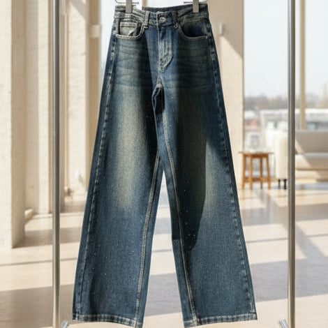 960 jeans taille haute coupe droite avec strass