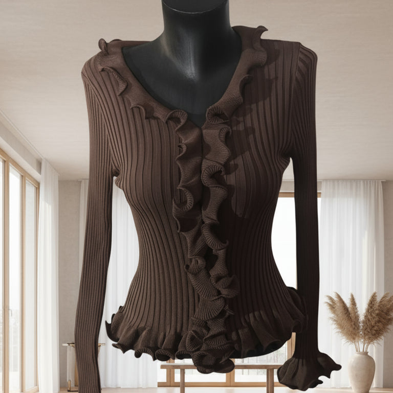 U20521 top  moulant, cintré à la taille volant du décolleté au bas du buste