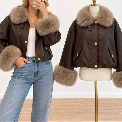 Blouson fourrure DA1100B / DA1100D – veste courte femme en similicuir avec col et poignets en fausse fourrure contrastée, coupe oversize et boutons dorés pièce de saison à associer avec un jean ou un pantalon ajusté pour un look urbain