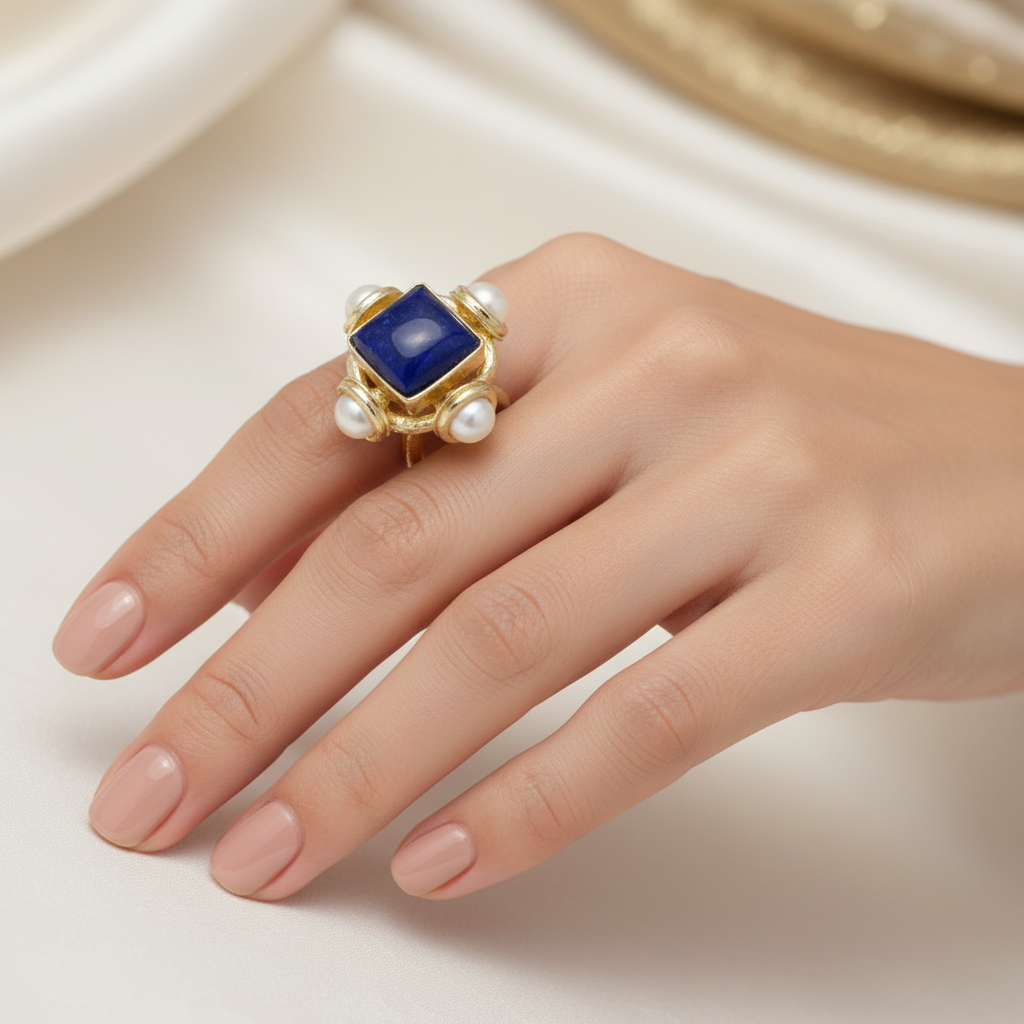 NIIKI NCR1406 LP La bague se distingue par son volume généreux et son architecture en cocktail ring. Le corps de la bague, conçu dans un métal doré au fini brossé et mat, offre une allure texturée presque sculpturale.