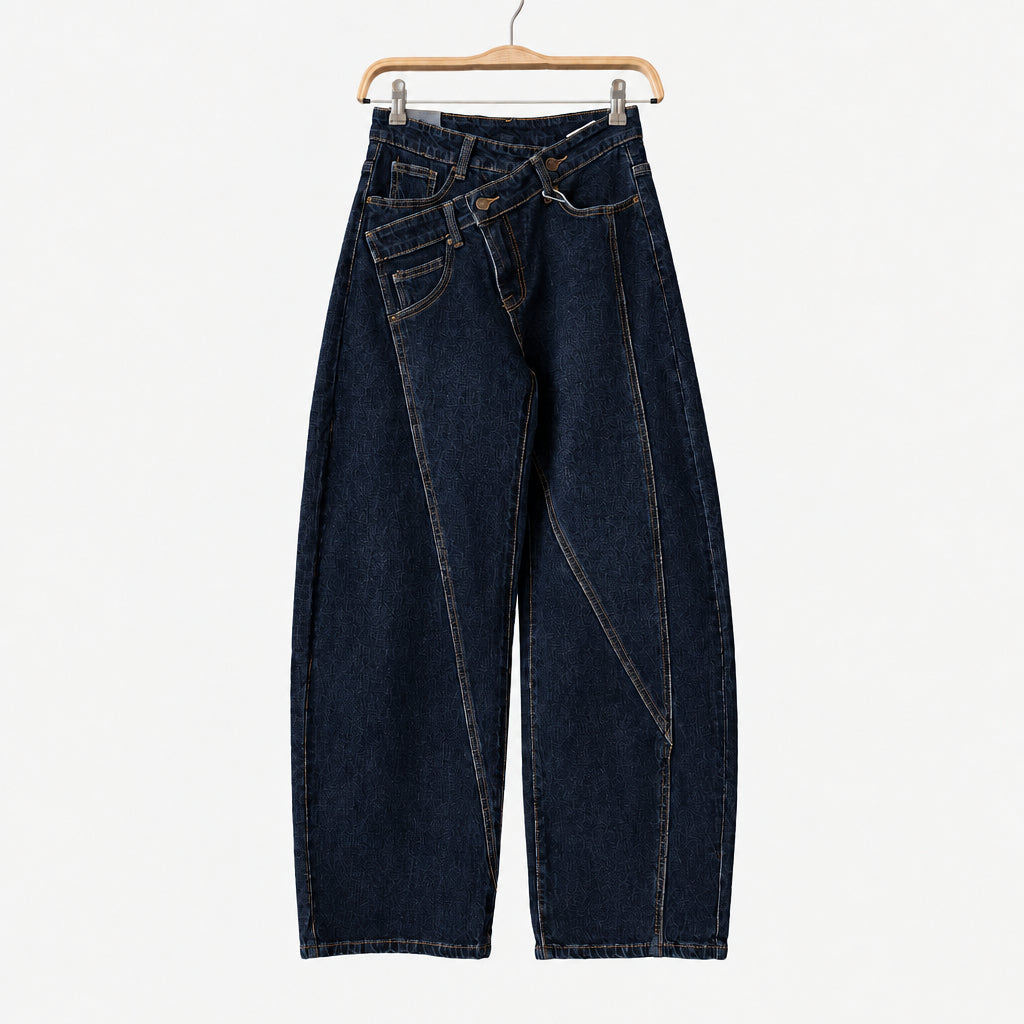Jean asymétrique YW1668 – jean balloon femme en denim délavé avec taille haute croisée à boutons et jambes larges arrondies, style streetwear chic pour le quotidien
