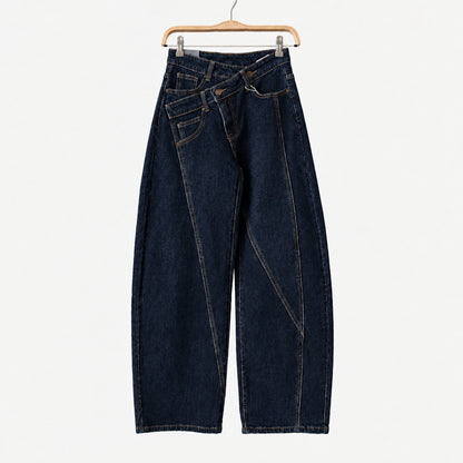 Jean asymétrique YW1668 – jean balloon femme en denim délavé avec taille haute croisée à boutons et jambes larges arrondies, style streetwear chic pour le quotidien
