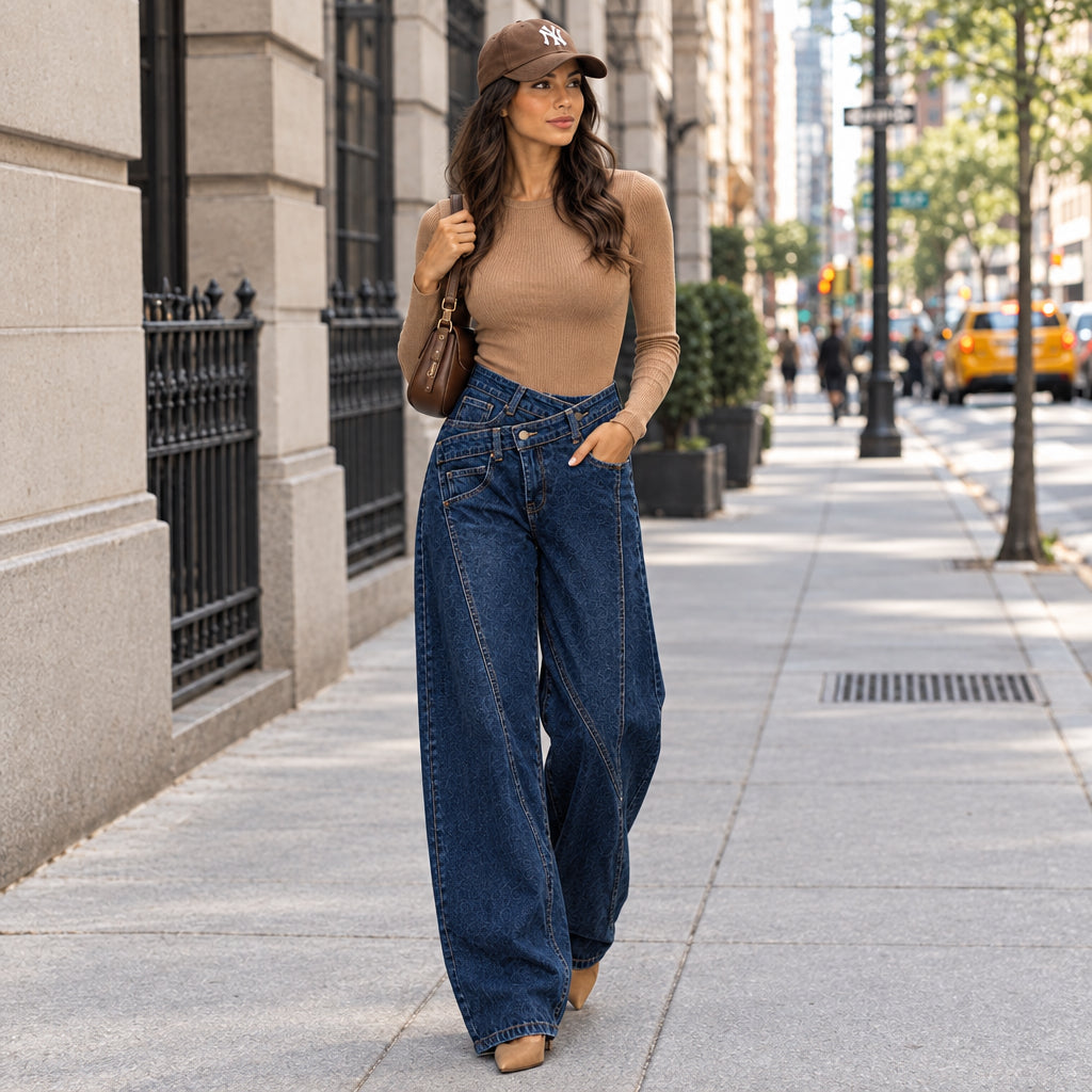 Jean asymétrique YW1668 – jean balloon femme en denim délavé avec taille haute croisée à boutons et jambes larges arrondies, style streetwear chic pour le quotidien