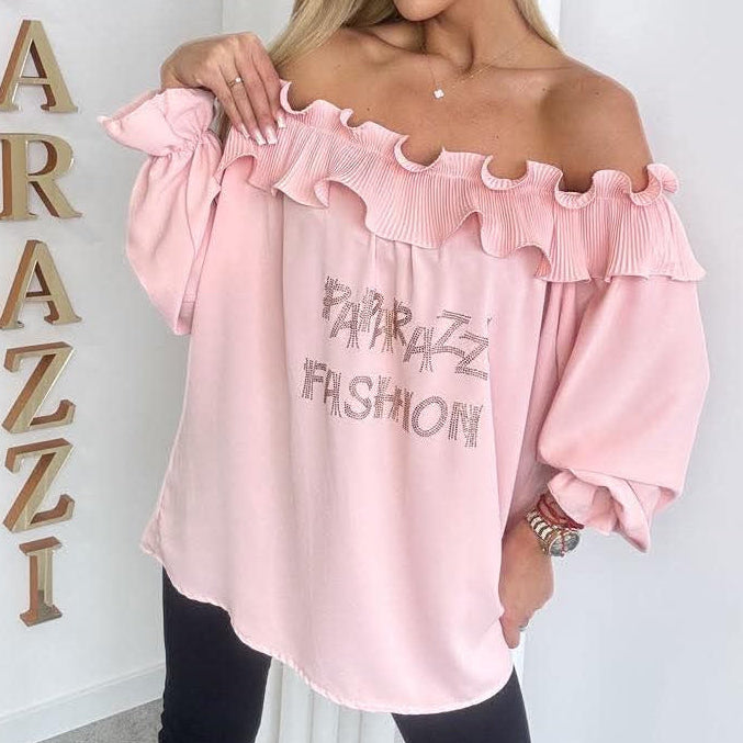 Paparazzi Fashion 1520 Tunique Bardot haut femme rose fuchsia à épaules dénudées, col volanté et plissé, manches longues élastiquées et grand motif texturé scintillant, coupe ample tendance vêtement femme tendance de la collection Papa