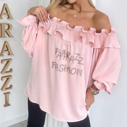 Paparazzi Fashion 1520 Tunique Bardot haut femme rose fuchsia à épaules dénudées, col volanté et plissé, manches longues élastiquées et grand motif texturé scintillant, coupe ample tendance vêtement femme tendance de la collection Papa