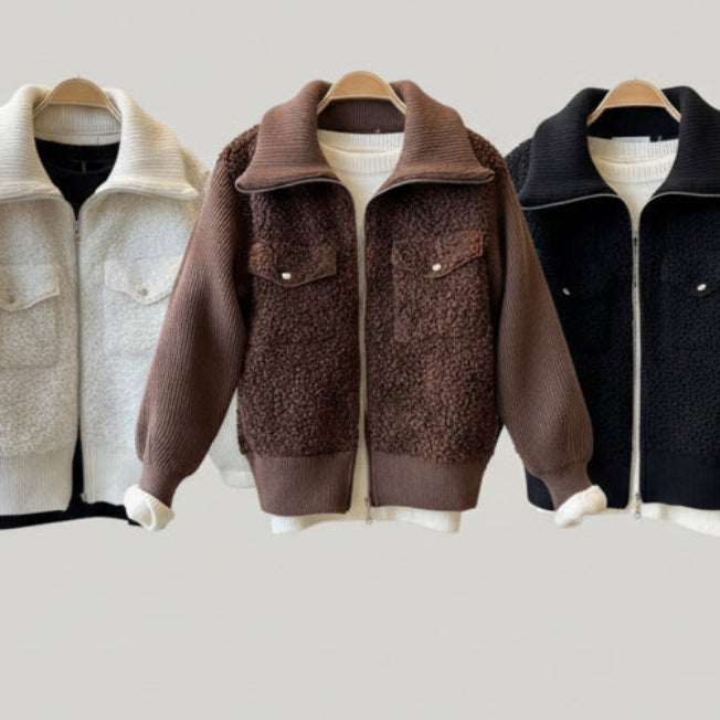 Blouson bouclette AY65642 – veste femme zippée avec corps en sherpa doux, manches et col montant en grosse maille côtelée, contraste de matières et coupe décontractée pour l&
