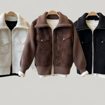 Blouson bouclette AY65642 – veste femme zippée avec corps en sherpa doux, manches et col montant en grosse maille côtelée, contraste de matières et coupe décontractée pour l&