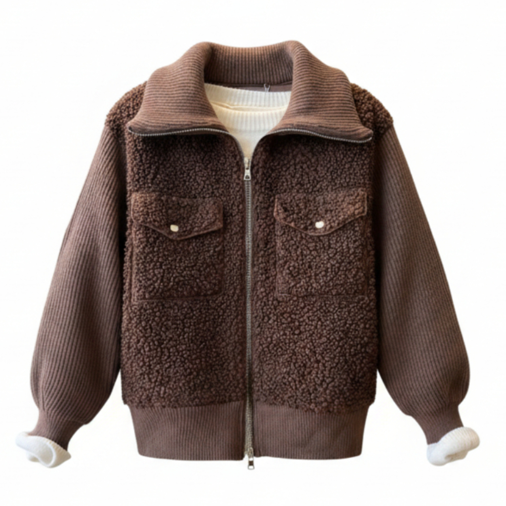 Blouson bouclette AY65642 – veste femme zippée avec corps en sherpa doux, manches et col montant en grosse maille côtelée, contraste de matières et coupe décontractée pour l&