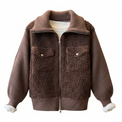 Blouson bouclette AY65642 – veste femme zippée avec corps en sherpa doux, manches et col montant en grosse maille côtelée, contraste de matières et coupe décontractée pour l&