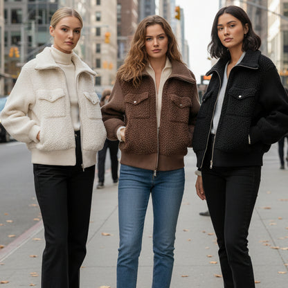 Blouson bouclette AY65642 – veste femme zippée avec corps en sherpa doux, manches et col montant en grosse maille côtelée, contraste de matières et coupe décontractée pour l&