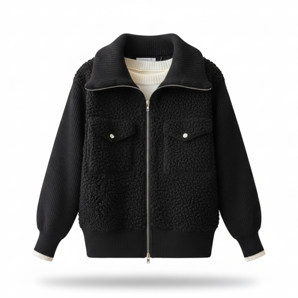 Blouson bouclette AY65642 – veste femme zippée avec corps en sherpa doux, manches et col montant en grosse maille côtelée, contraste de matières et coupe décontractée pour l&